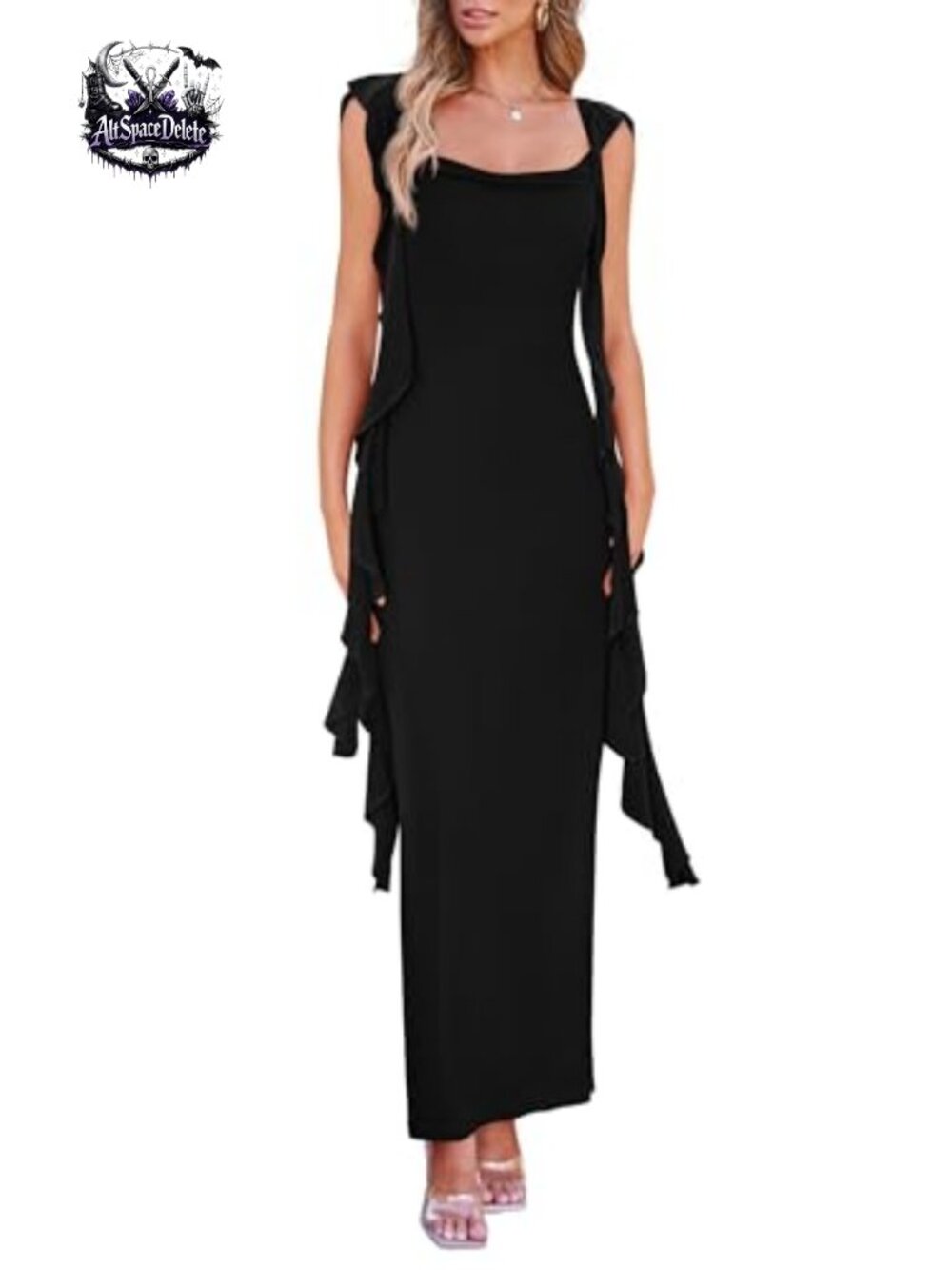Women's Ruffle Bodycon Maxi Dress Sweetheart Neck Cap Sleeve Open Back Formal